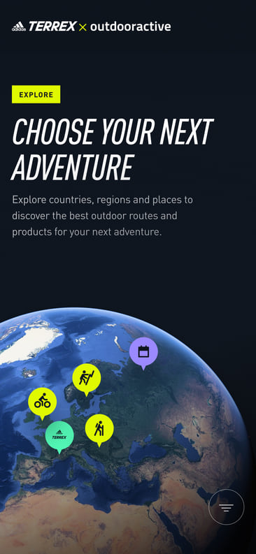 Choose your next adventure: Terrex × Outdooractive explore screen with a globe of routes
