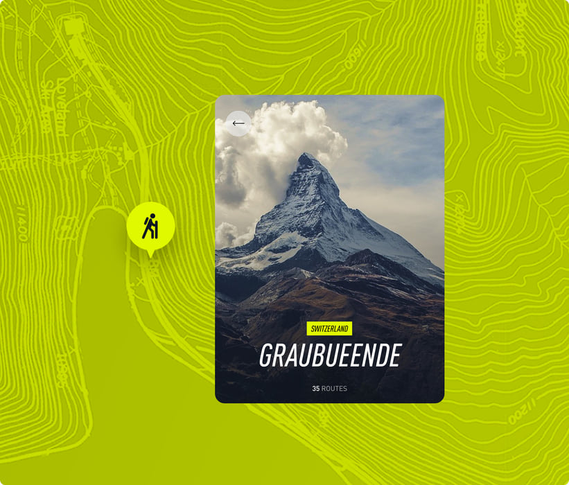 Graubünden region page over a contour map, with a hiking marker