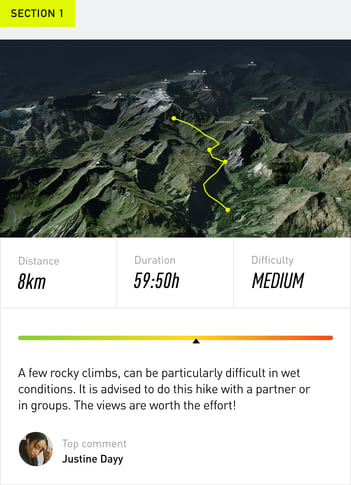 Route section with terrain view, distance, duration and difficulty