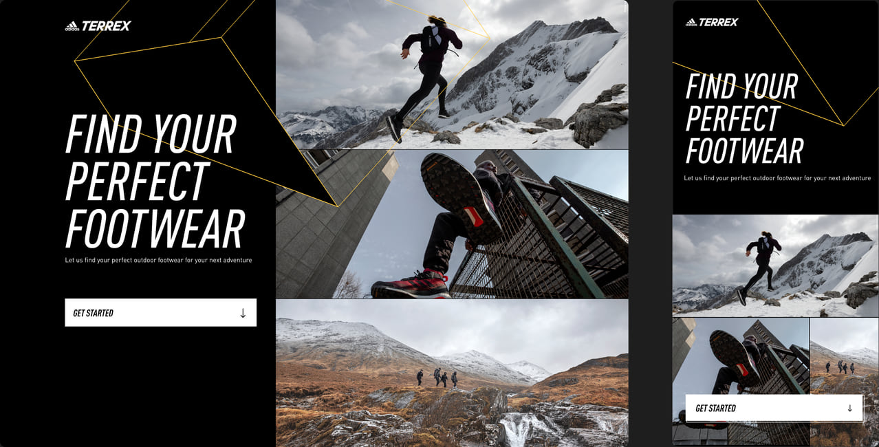Product finder landing page on desktop and mobile: Find your perfect footwear