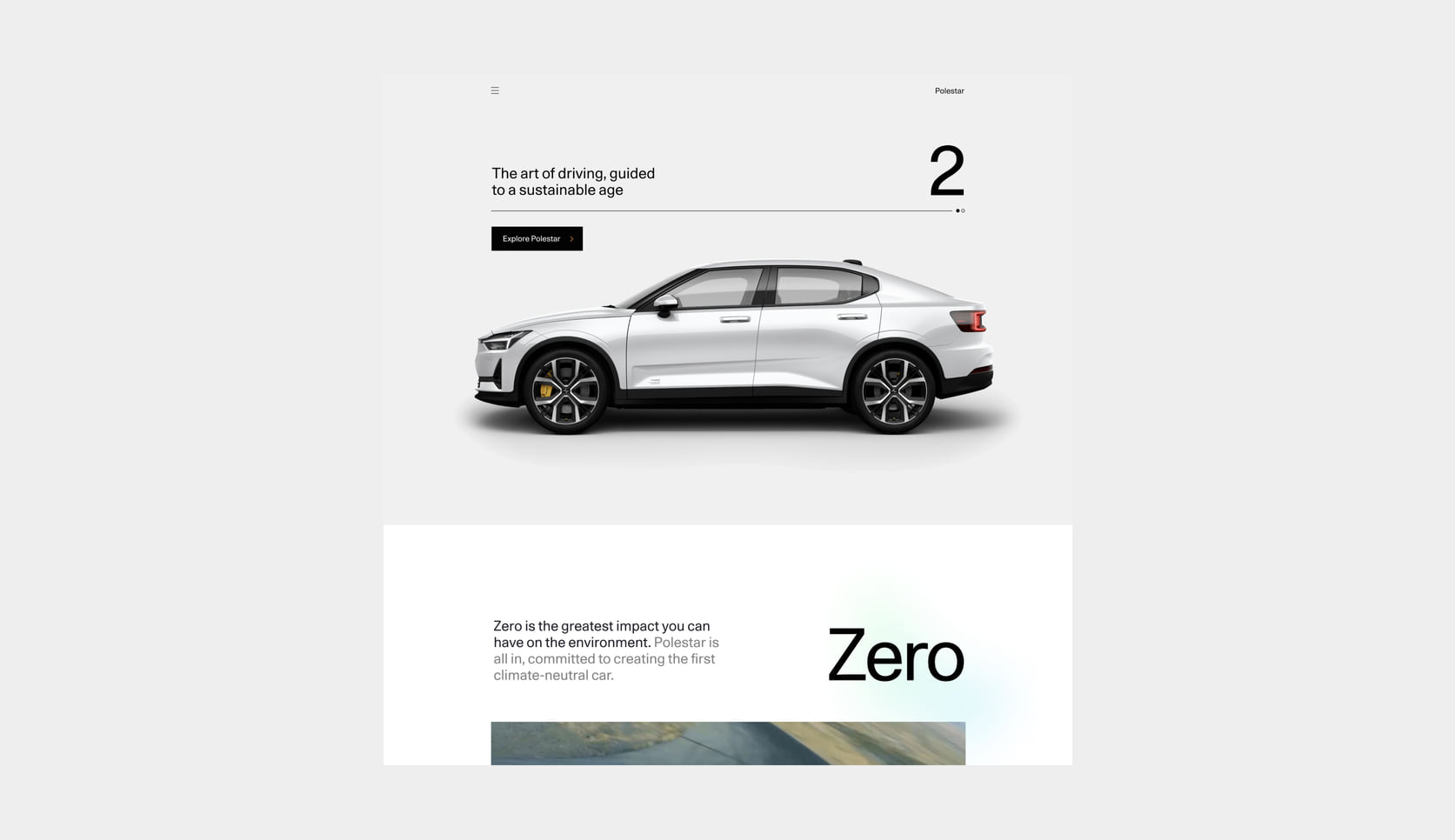 Polestar 2 website homepage: The art of driving, and the Zero sustainability section