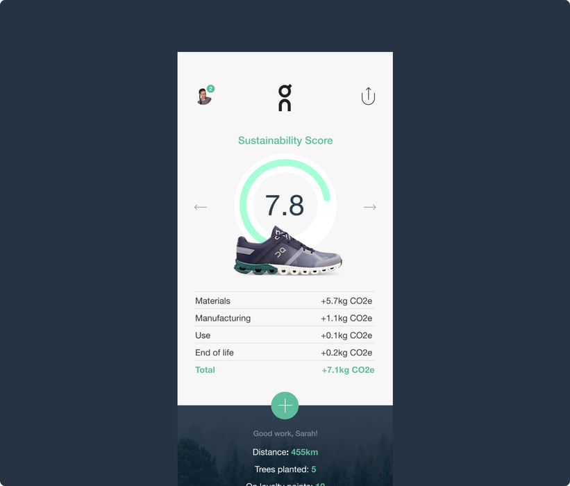 On app: sustainability score for a running shoe