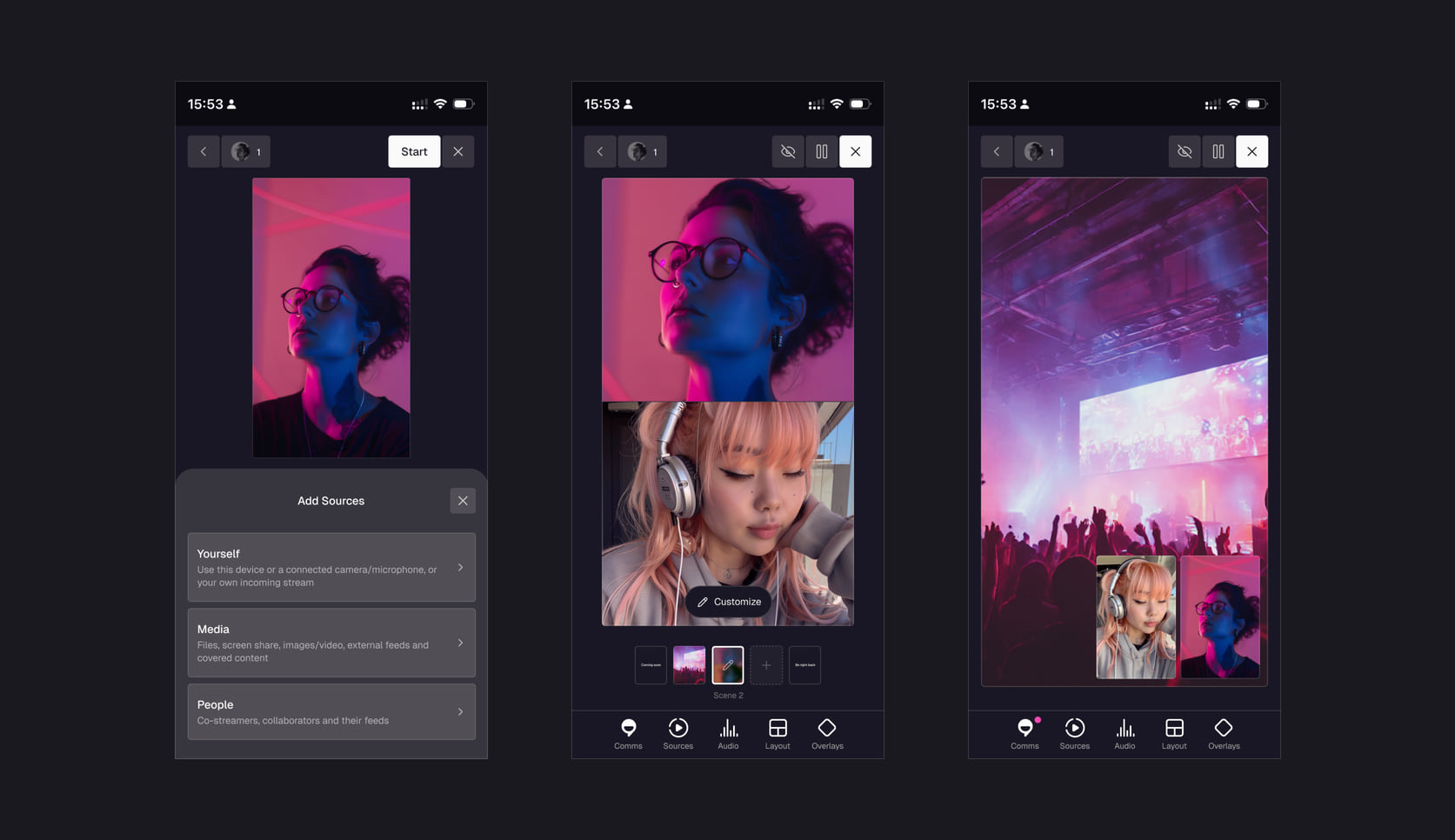 Live streaming app on mobile: adding sources, a two-person scene, and a concert stream with picture-in-picture