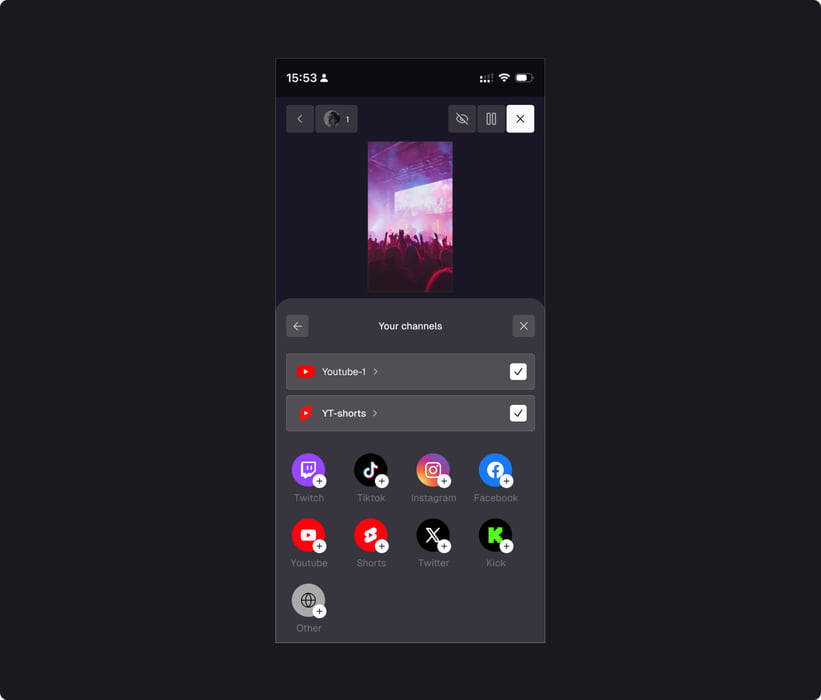Live streaming app on mobile: choosing the channels to stream to