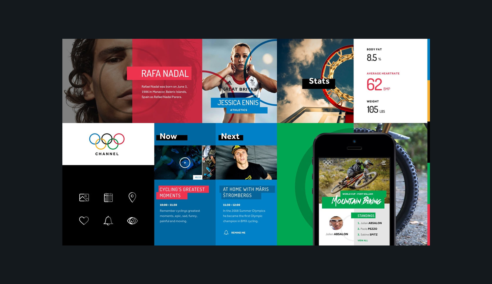 Olympic Channel brand board: athlete stories, now and next schedule, stats and a mountain biking app screen