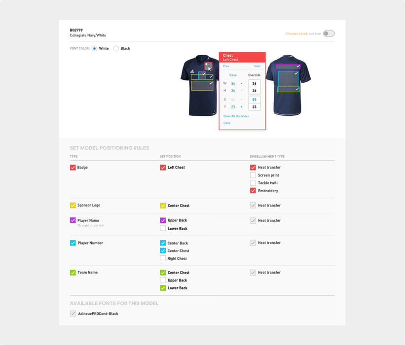 Team kit configurator: choosing shirts and colours