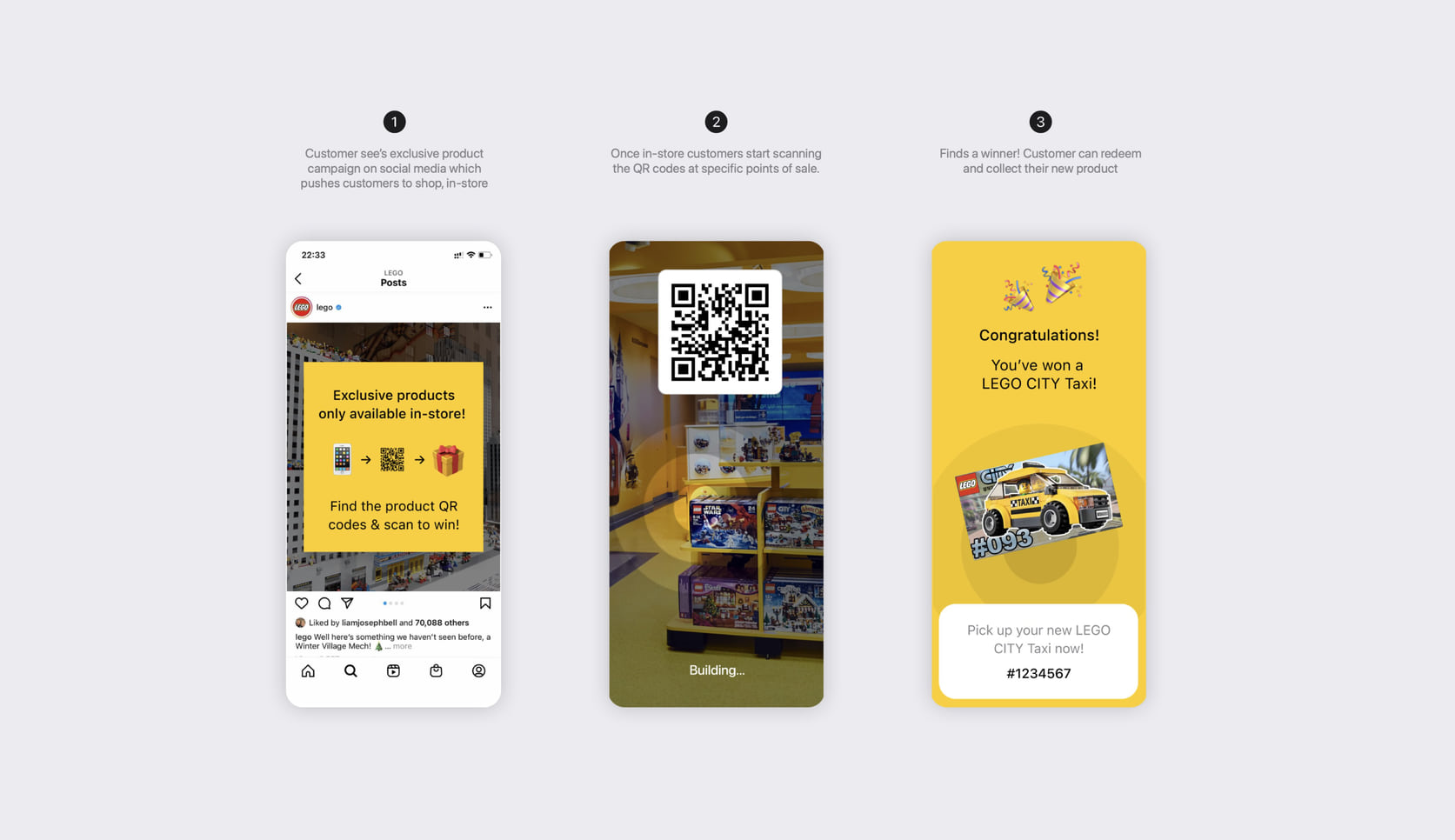 LEGO in-store QR campaign: social post, scanning codes in store, winning a LEGO City Taxi