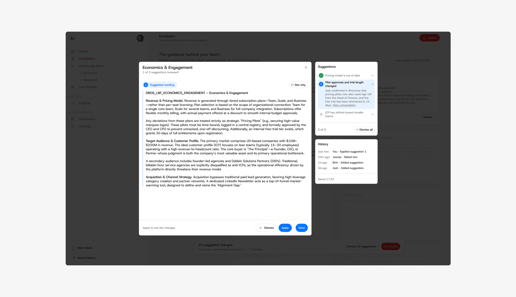 Dobbin HQ: reviewing a suggested change to the Economics and Engagement card