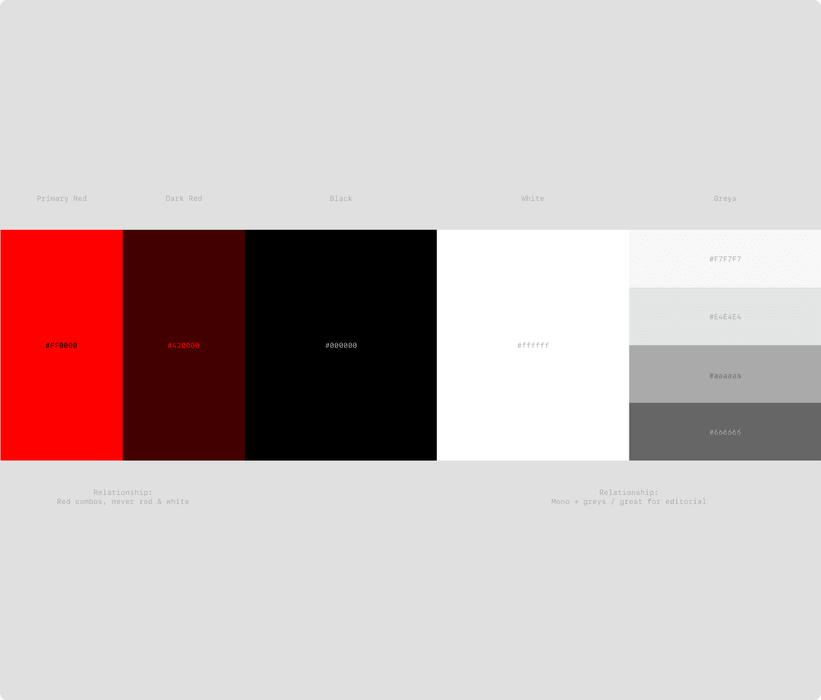 Dobbin colour palette: primary red, dark red, black, white and greys