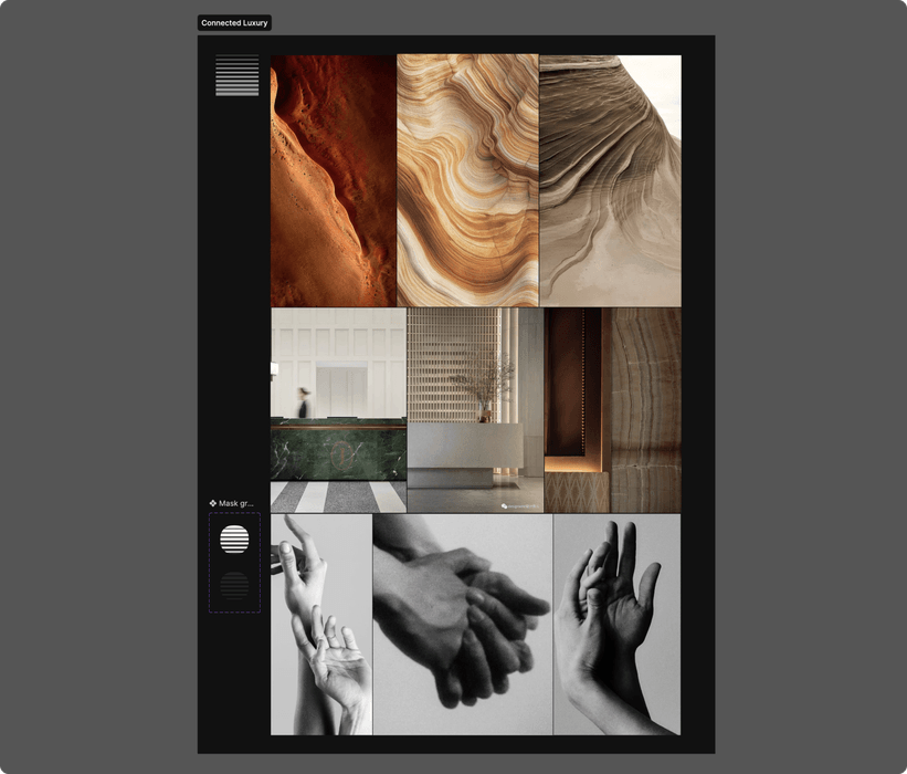 Mood board: carved stone, wood grain and hands