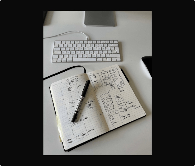 Early sketches of the app in a notebook