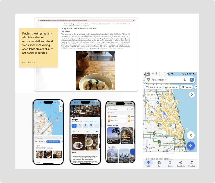 How people find restaurants today: blog guides, a sticky note on friend-backed recommendations, and maps apps