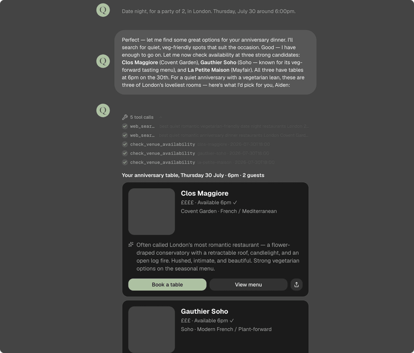 Testing search: the agent replies with restaurant suggestions as cards