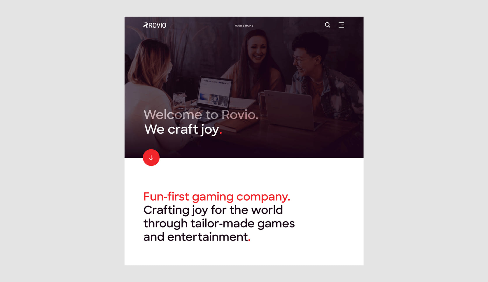Rovio homepage on mobile: Welcome to Rovio, we craft joy