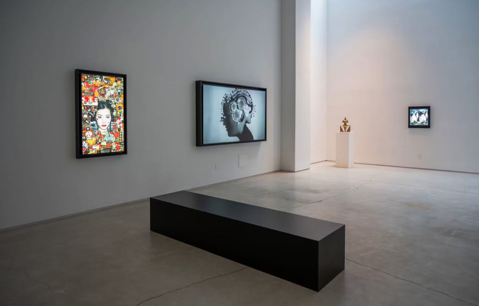 Gallery space showing digital artworks, tagged with collector usernames